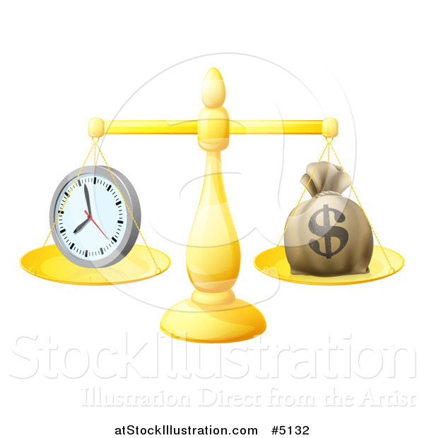 Vector Illustration of 3d Golden Scales Balancing a Clock and Money Bag