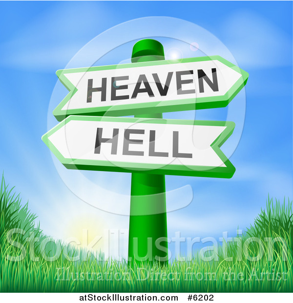 Vector Illustration of 3d Green Heaven or Hell Arrow Signs over Hills and a Sunrise