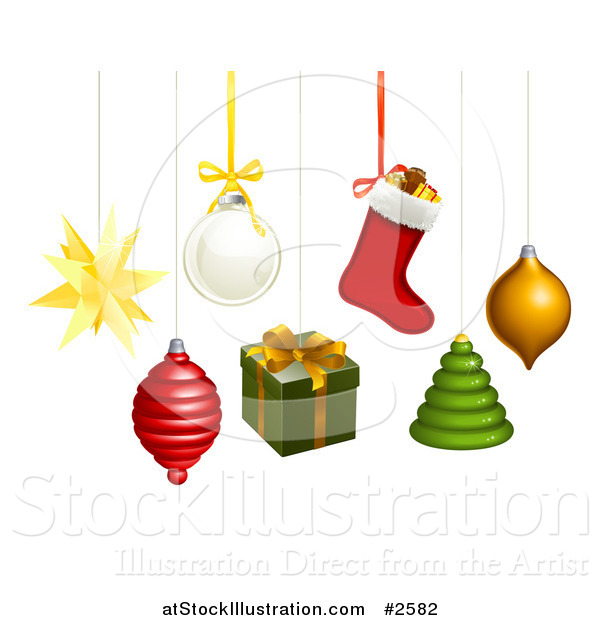 Vector Illustration of 3d Hanging Star Spinner Bauble Gift Stocking Tree and Orb Christmas Ornaments