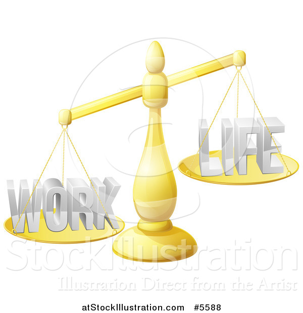 Vector Illustration of 3d Imbalanced Gold Scales with Work and Life Equally