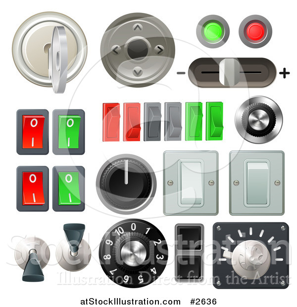 Vector Illustration of 3d Knob Switches and Dials with Buttons and Keys