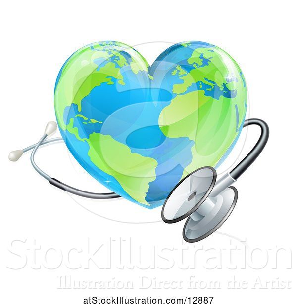 Vector Illustration of 3d Medical Stethoscope Around a Heart World Earth Globe