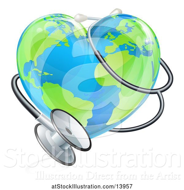 Vector Illustration of 3d Medical Stethoscope Around a Heart World Earth Globe