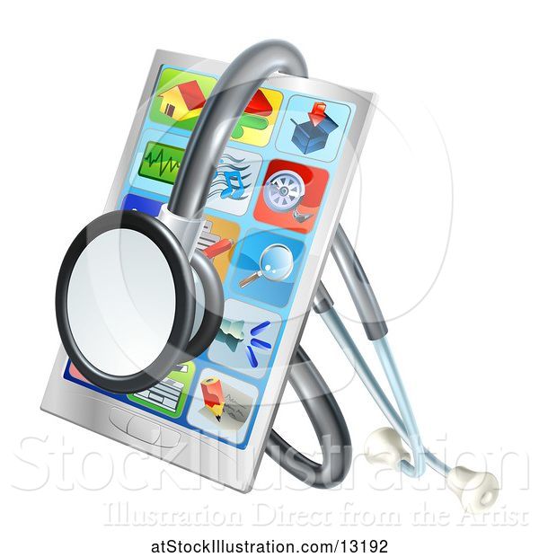 Vector Illustration of 3d Medical Stethoscope Around a Smart Phone with Apps on the Screen