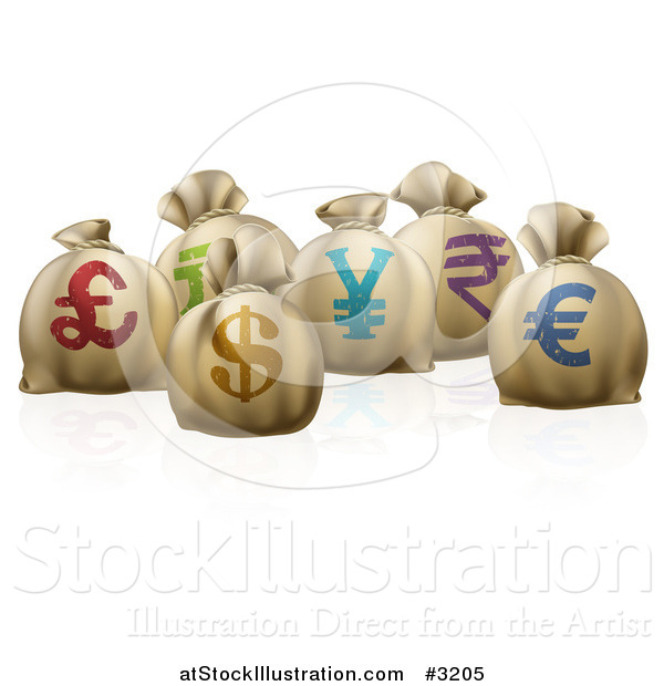 Vector Illustration of 3d Money Sacks with Colorful Currency Symbols