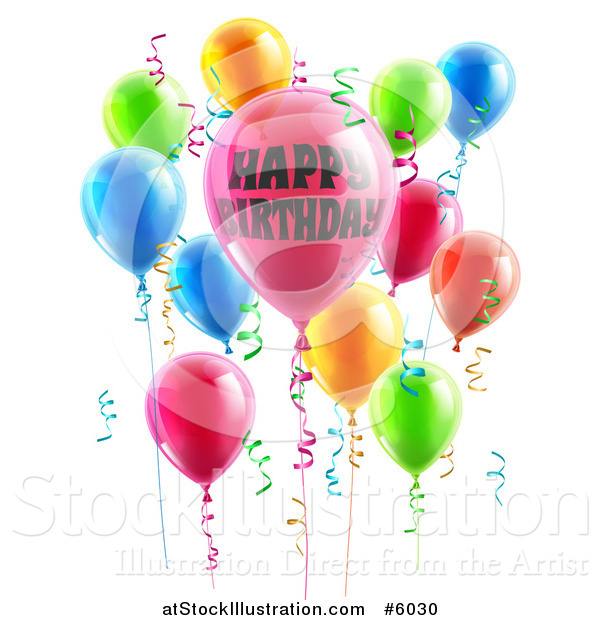 Vector Illustration of 3d Party Balloons and Confetti Ribbons with Happy Birthday Text