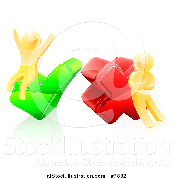 Vector Illustration of 3d Right and Wrong Gold Men Sitting on and Leaning Against X and Check Marks