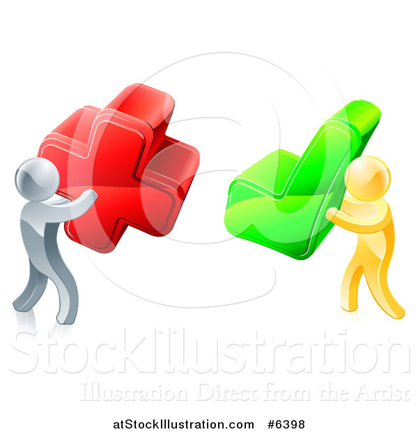Vector Illustration of 3d Right and Wrong Silver and Gold Men with X and Check Marks