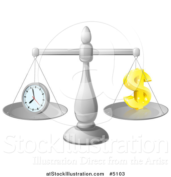 Vector Illustration of 3d Scales Balancing Time and Money As a Dollar Symbol