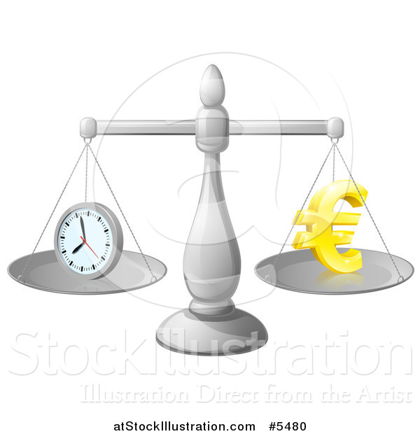 Vector Illustration of 3d Scales Balancing Time and Money As a Euro Symbol