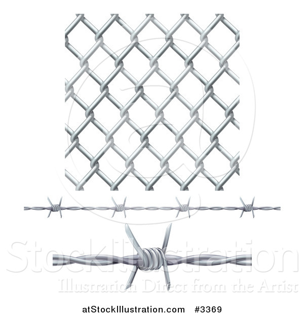 Vector Illustration of 3d Seamless Chainlink Fence and Barbed Wire Elements