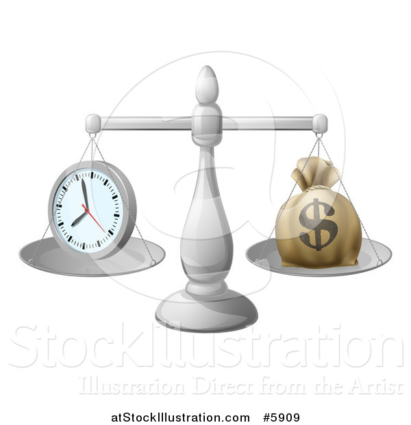 Vector Illustration of 3d Silver Scales Balancing a Clock and Money Bag