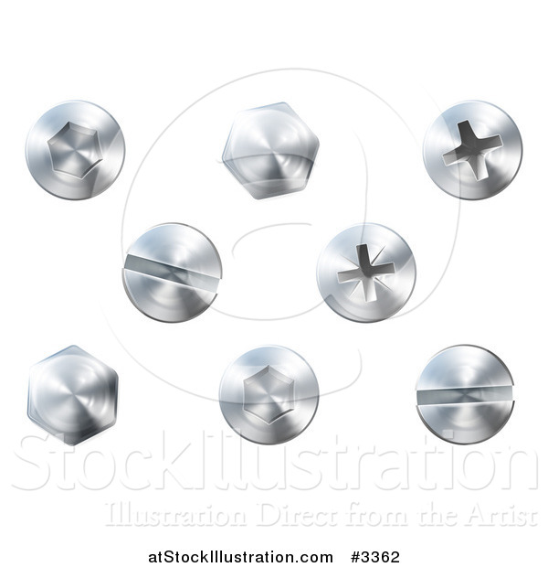 Vector Illustration of 3d Silver Screws and Bolts