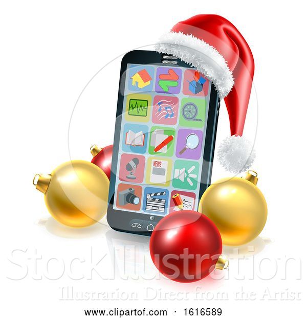 Vector Illustration of 3d Smart Cell Phone with a Santa Hat and Christmas Baubles