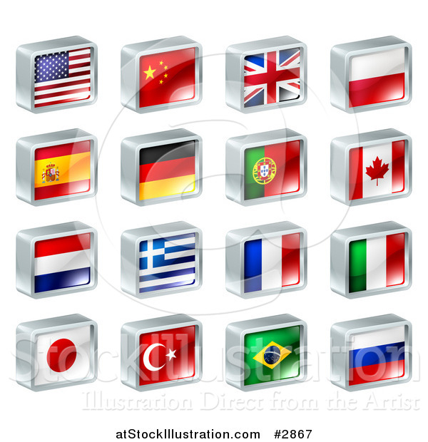 Vector Illustration of 3d Square Flag Icons with Chrome Edges