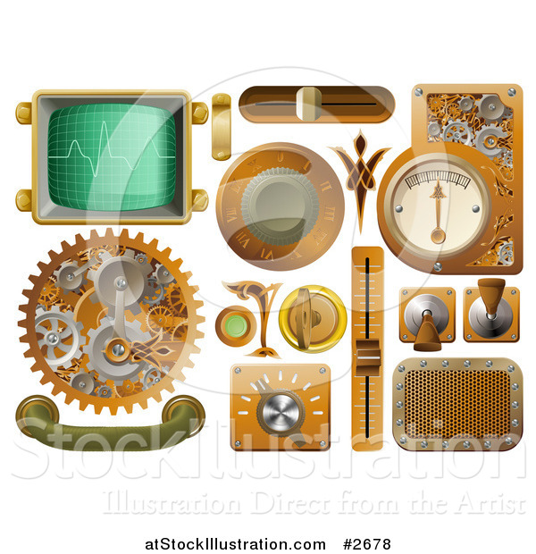 Vector Illustration of 3d Steampunk Styled Handles Knobs Screens and Switches