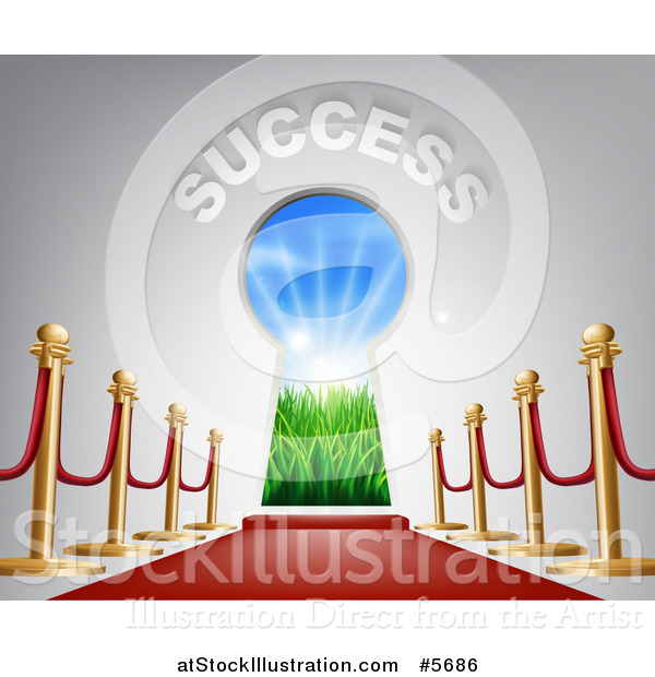 Vector Illustration of 3d SUCCESS over a Keyhole Door with Light and a Red Carpet