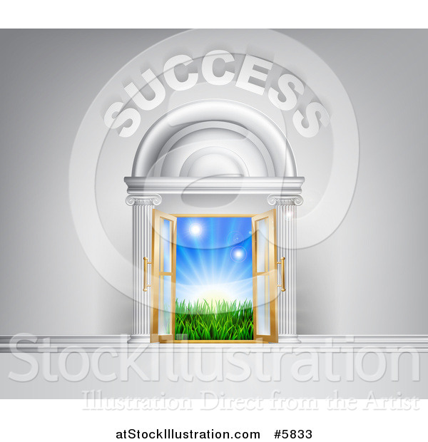 Vector Illustration of 3d SUCCESS over Open Doors with Light and a Field