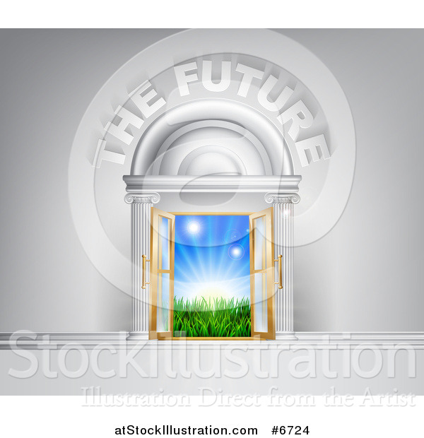 Vector Illustration of 3d the Future Text over a Door with Sunshine and Grass