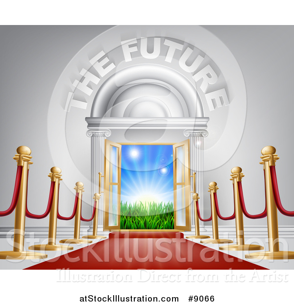 Vector Illustration of 3d the Future Text over a Red Carpet and Posts Leading to a Door with Sunshine and Grass