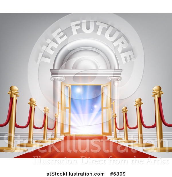 Vector Illustration of 3d the Future Text over Open Doors, Posts and Red Carpet