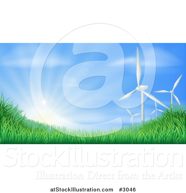Vector Illustration of 3d Wind Turbines and Sunshine over Grassy Hills for Green Sustainable Energy