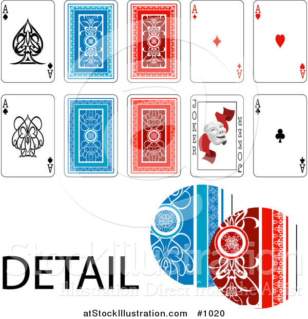 Vector Illustration of 4 Ace Playing Cards + Joker - Front and Back Sides