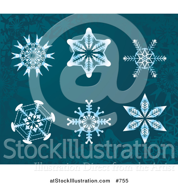 Vector Illustration of 6 Snowflake Designs on Teal