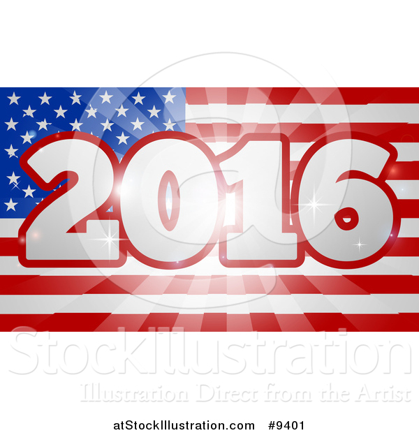 Vector Illustration of a 2016 Burst over an American Flag and Fireworks