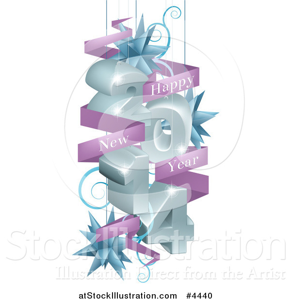 Vector Illustration of a 3d 2014 Suspended with Star Ornaments and a Happy New Year Greeting Banner