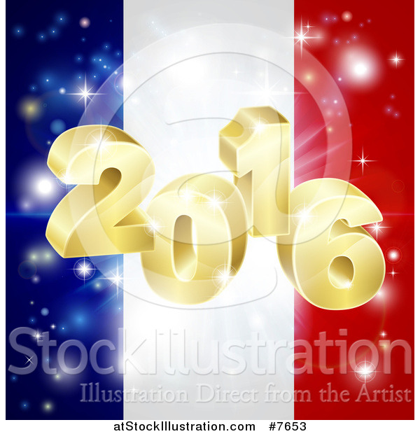 Vector Illustration of a 3d 2016 and Fireworks over a French Flag