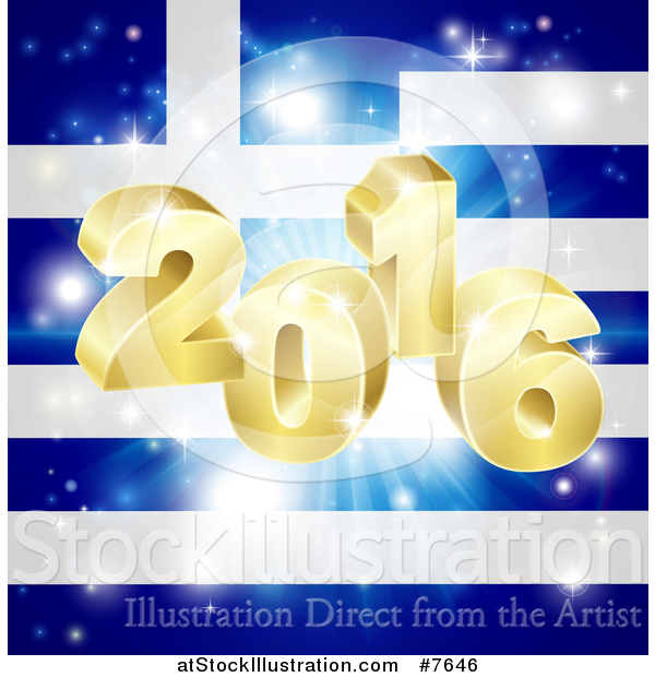Vector Illustration of a 3d 2016 and Fireworks over a Greek Flag