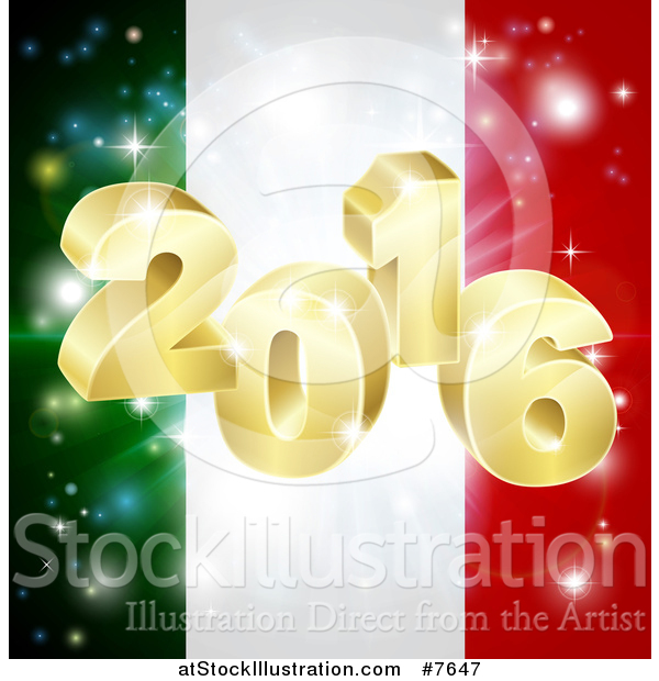 Vector Illustration of a 3d 2016 and Fireworks over an Italian Flag