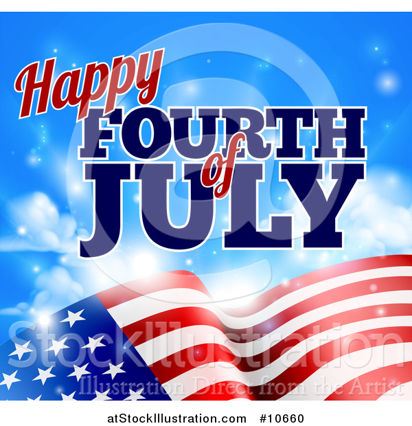 Vector Illustration of a 3d American Flag and Fourth of July Text over Blue Sky with Flares