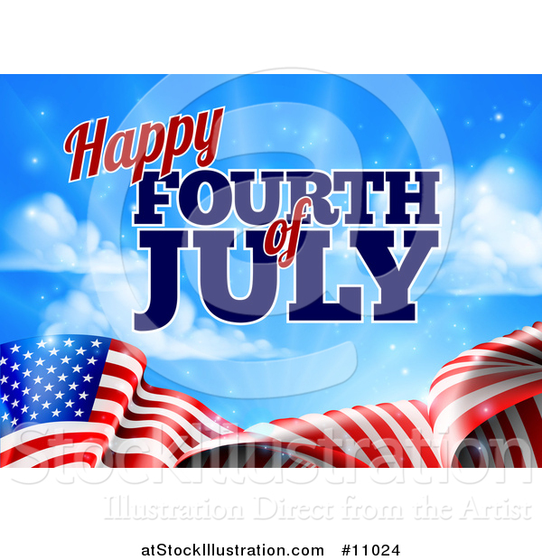 Vector Illustration of a 3d American Flag and Fourth of July Text over Blue Sky with Flares