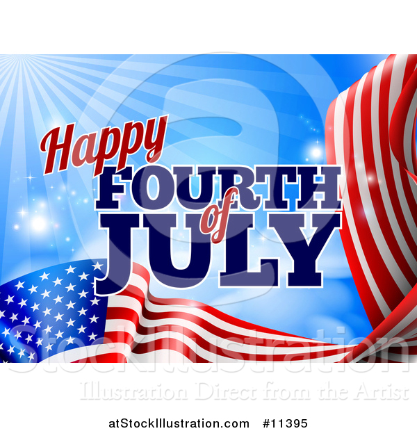 Vector Illustration of a 3d American Flag and Fourth of July Text over Blue Sky with Flares