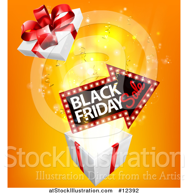 Vector Illustration of a 3d Arrow Marquee Sign with Black Friday Sale Text over a Gift Box