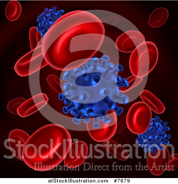 Vector Illustration of a 3d Background of Blue Viruses Attacking Red Blood Cells