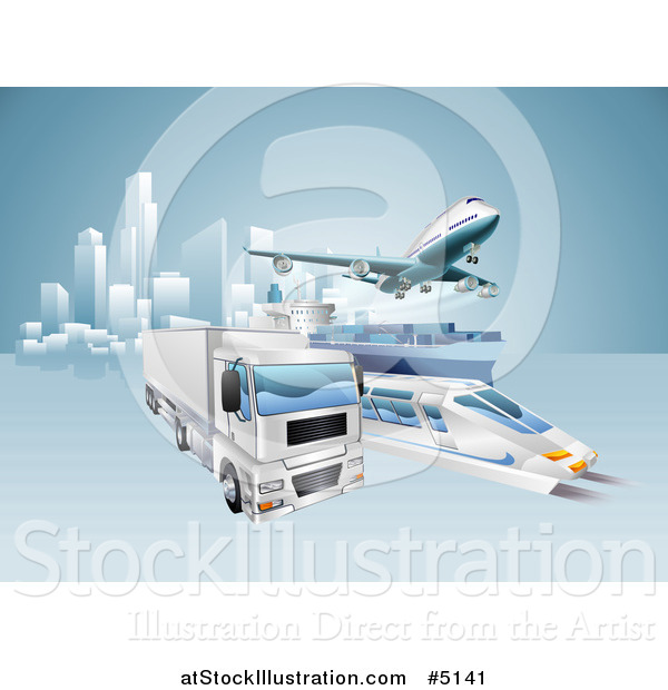 Vector Illustration of a 3d Big Rig Truck Cargo Ship Train and Airplane Leaving a City