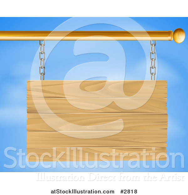 Vector Illustration of a 3d Blank Wooden Sign Suspended from a Rod Against a Sky