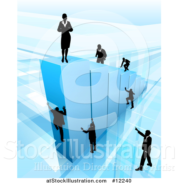 Vector Illustration of a 3d Blue Bar Graph with a Silhouetted Business Woman on Top and and Men Climbing