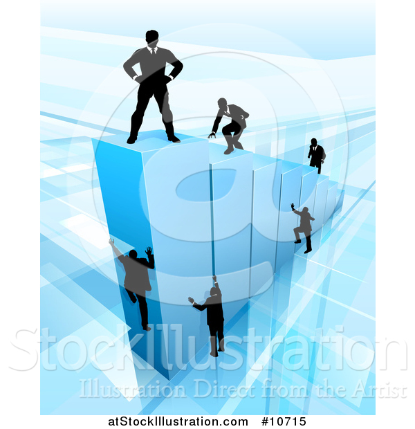 Vector Illustration of a 3d Blue Bar Graph with Silhouetted Business Men Competing to Reach the Top