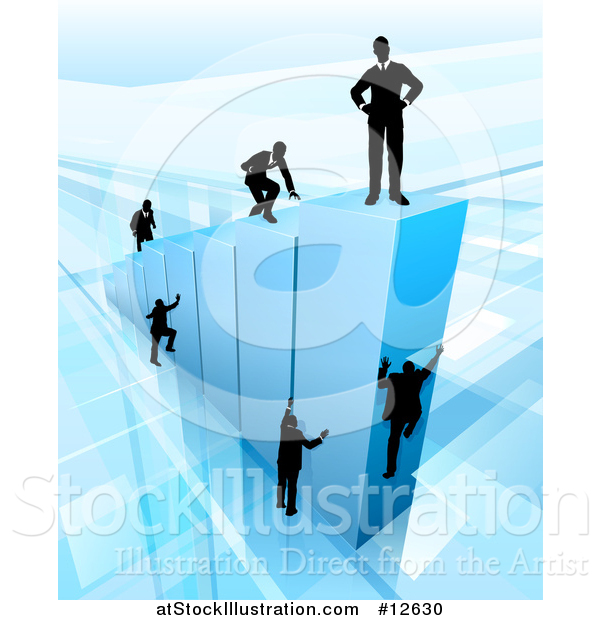 Vector Illustration of a 3d Blue Bar Graph with Silhouetted Business Men Competing to Reach the Top