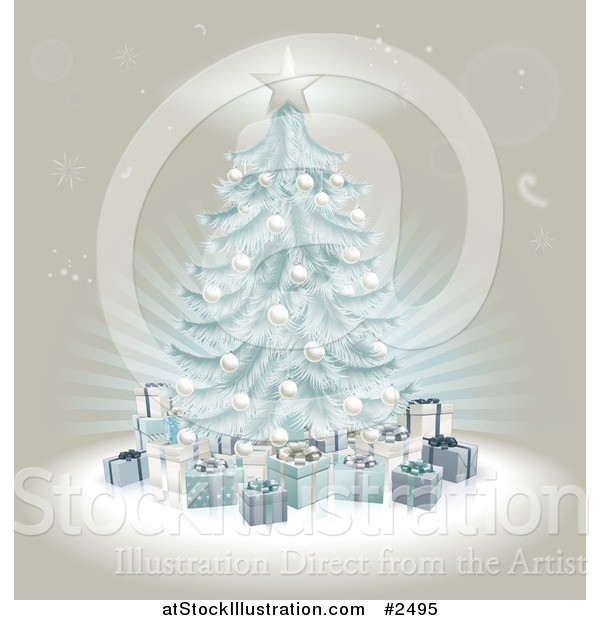 Vector Illustration of a 3d Blue Christmas Tree and Gifts over Beige