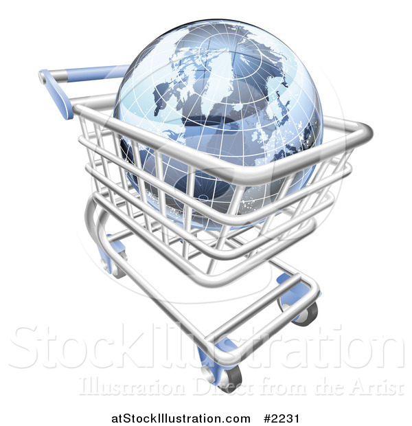 Vector Illustration of a 3d Blue Globe in a Shopping Cart