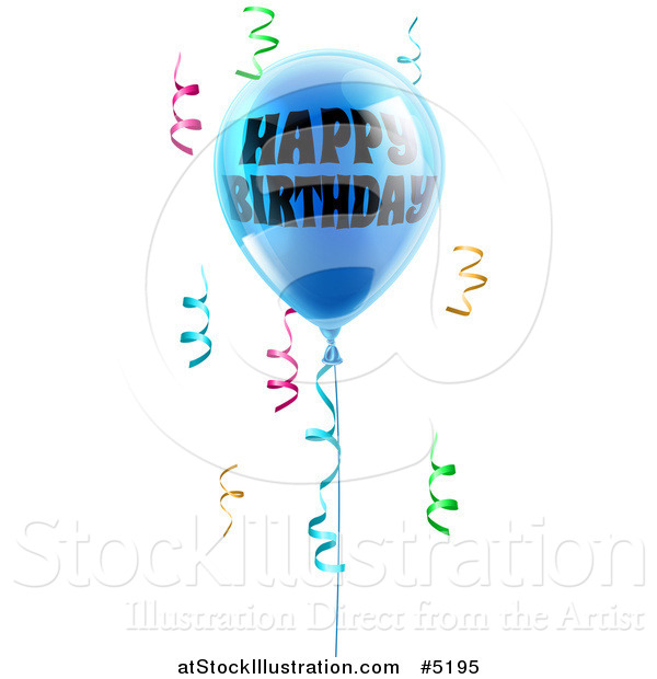 Vector Illustration of a 3d Blue Happy Birthday Balloon and Colorful Ribbon Confetti
