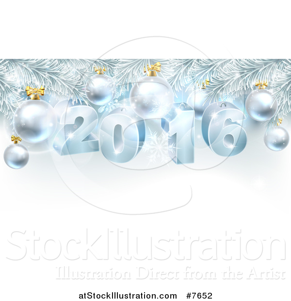 Vector Illustration of a 3d Blue New Year 2016 and Baubles Suspended from a Christmas Tree