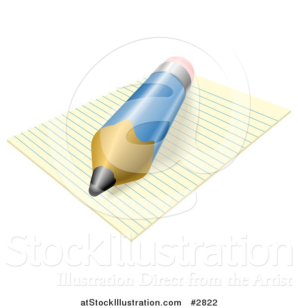 Vector Illustration of a 3d Blue Pencil Resting on Ruled Paper