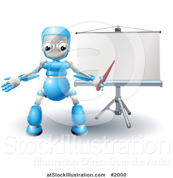 Vector Illustration of a 3d Blue Robot Pointing at a Roller Screen