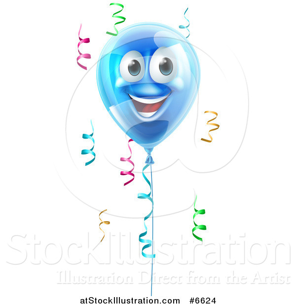 Vector Illustration of a 3d Blue Smiling Happy Birthday Balloon Character and Colorful Ribbon Confetti